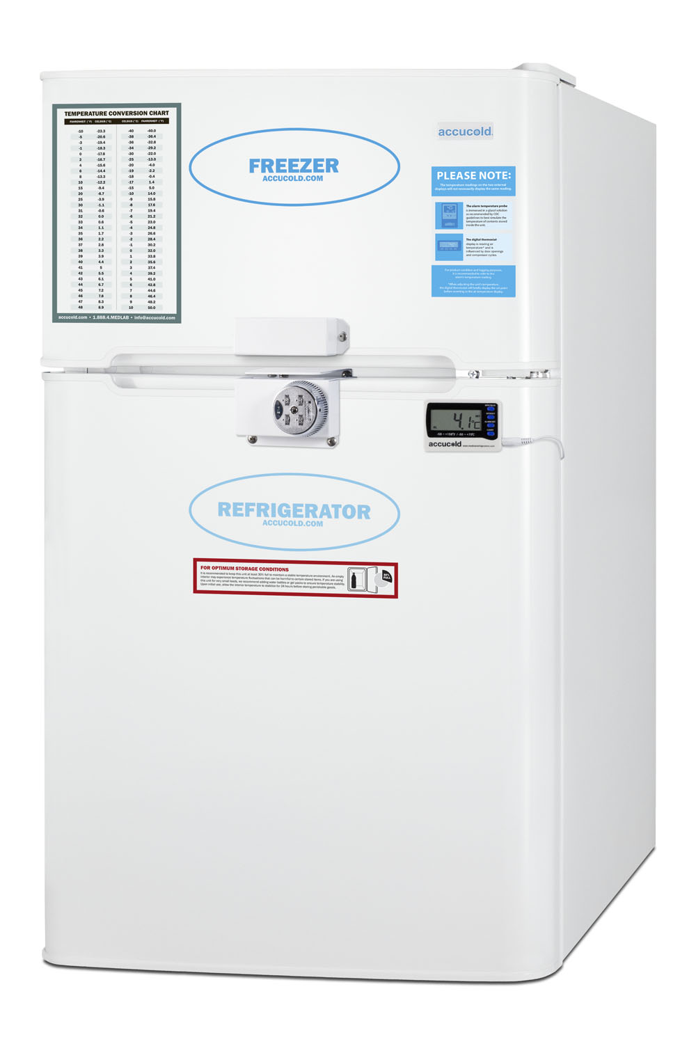 General purpose counter height 2-door refrigerator-freezer with digital refrigerator control, internal fan, combination lock, and NIST calibrated alarm/thermometer